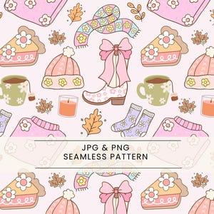 Puede incluir: Patrón repetitivo con motivos otoñales, incluyendo sombreros rosas, botas, calcetines, bufandas, tazas de té, velas y porciones de pastel. También presenta el texto "JPG & PNG SEAMLESS PATTERN".