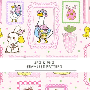 Puede incluir: Un patrón sin costuras con ilustraciones de dibujos animados con temática de Pascua, que incluye patos, conejos y huevos, sobre un fondo rosa. El diseño incorpora marcos decorativos y detalles florales, con el texto "JPG & PNG SEAMLESS PATTERN".