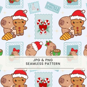 Puede incluir: Patrón sin costuras con ilustraciones de dibujos animados de un hombre de jengibre con gorro de Papá Noel, un carpincho, bastones de caramelo y sellos navideños sobre un fondo azul claro. También está presente el texto "JPG & PNG SEAMLESS PATTERN".