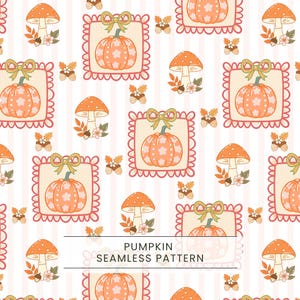 Puede incluir: Un patrón continuo con calabazas naranjas con detalles de flores blancas dentro de marcos cuadrados festoneados con lazos, intercaladas con setas naranjas, bellotas y hojas sobre un fondo blanco con rayas verticales y el texto PUMPKIN SEAMLESS PATTERN.
