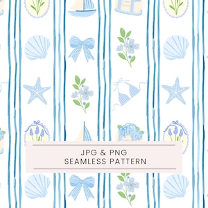 Puede incluir: Un patrón sin costuras con temática náutica, con rayas azules y blancas. El diseño incluye veleros, conchas marinas, lazos, estrellas de mar y elementos florales. El texto "JPG & PNG SEAMLESS PATTERN" se muestra.