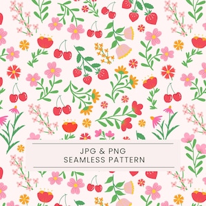 Puede incluir: Patrón sin costuras con un diseño repetitivo de cerezas rojas, fresas y varias flores rosas, naranjas y amarillas sobre un fondo crema. Se entrelazan vides y hojas verdes. Se muestra el texto "JPG & PNG SEAMLESS PATTERN".