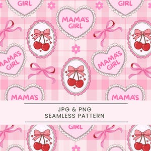 Puede incluir: Un patrón sin costuras con corazones rosas, el texto "Mama's Girl", marcos ovalados con cerezas y lazos rosas sobre un fondo a cuadros rosa y blanco. El diseño incluye pequeñas flores y detalles de encaje.