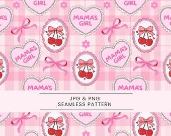 Mama’s Girl Seamless Pattern, Pink Coquette Cherries, Girly Bow Aesthetic, Bow cherry, Daughter gift, Preppy Mothers Day, Girl baby shower