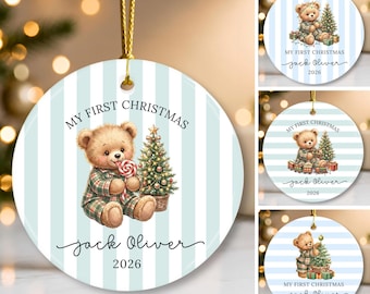 Baby's First Christmas Ornament, 4 Baby Boy Teddy Bear Designs, Bear ornaments, Personalized Baby Boy, Newborn Gift , Digital file, Keepsake