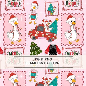 Puede incluir: Patrón navideño sin costuras con gansos de dibujos animados con gorros de Papá Noel, transportando árboles de Navidad y conduciendo camiones rojos. El diseño incluye suéteres festivos, tazas de café y las palabras "Merry" y "Bright".