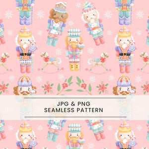 Puede incluir: Un patrón sin costuras con ilustraciones de acuarela de cascanueces, caballos mecedores y copos de nieve sobre un fondo rosa. Los cascanueces son de varios colores, incluyendo azul, rosa y dorado. Se muestra el texto "JPG & PNG SEAMLESS PATTERN".