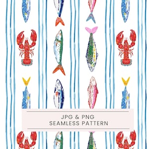 Puede incluir: Patrón sin costuras con ilustraciones de acuarela de varios peces y una langosta, sobre un fondo de rayas verticales azules. Los peces son de color rojo, verde y azul, con acentos amarillos y rosas. Se muestra el texto "JPG & PNG SEAMLESS PATTERN".