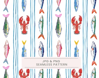 Seamless Colorful Fish Pattern, Fishing seamless, Coastal Summer Nautical Print, Blue watercolor stripe, Lobster Crab Design, Sea designs