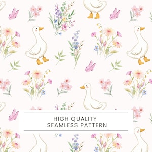 Cute Goose Seamless Pattern, Cottagecore goose, Spring seamless, Floral seamless, Nursery fabric pattern, Watercolor floral, Farm animals