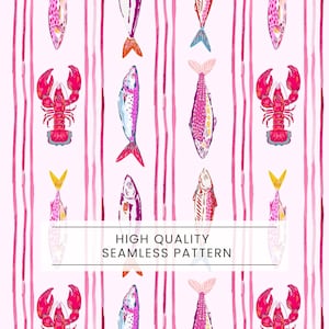 Puede incluir: Un patrón sin costuras con ilustraciones de peces y langostas en tonos rosa, rojo y amarillo, sobre un fondo rosa claro con rayas verticales. Se muestra el texto "HIGH QUALITY SEAMLESS PATTERN".