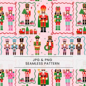 Può includere: Motivo senza cuciture con soldati schiaccianoci colorati in varie uniformi, tra cui rosso, verde e rosa. Il design include trenini giocattolo, alberi di Natale e scatole regalo su sfondo rosa chiaro, incorniciati da bordi decorativi.