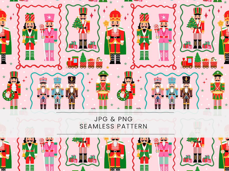 May include: Seamless pattern featuring colorful nutcracker soldiers in various uniforms, including red, green, and pink. The design includes toy trains, Christmas trees, and gift boxes on a light pink background, framed by decorative borders.