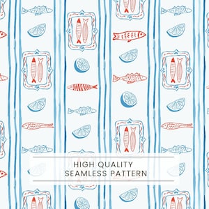 Puede incluir: Patrón sin costuras con temática náutica. El diseño presenta peces rojos, rodajas de limón azules e ilustraciones de peces enmarcadas sobre un fondo blanco con rayas verticales azules. Se muestra el texto "HIGH QUALITY SEAMLESS PATTERN".