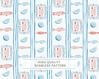 Seamless Colorful Fish Pattern, Fishing seamless, Coastal Summer, Blue watercolor stripe, Sardines lover gift, Seafood & Lemon Print, Trends
