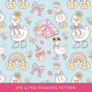 Puede incluir: Patrón sin costuras con gansos de dibujos animados con lazos, botas y gafas de sol, junto con arcoíris, flores y lazos. El diseño incluye libros, fresas y bebidas con corazones, todo sobre un fondo azul claro. El texto en la parte inferior dice "JPG & PNG SEAMLESS PATTERN".