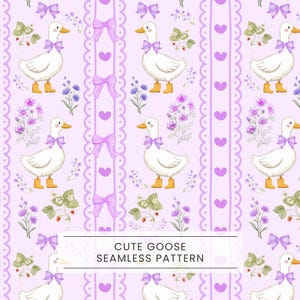 Cute Goose Seamless Pattern, Cottagecore goose, Floral seamless, Nursery fabric pattern, Watercolor floral, Purple stripes, Coquette Png