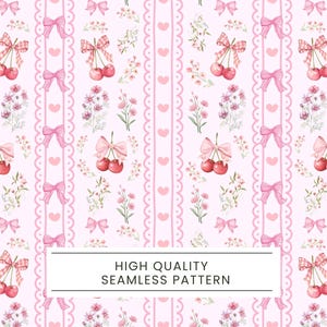 Puede incluir: Un patrón sin costuras con cerezas adornadas con lazos rosas, lazos rosas y arreglos florales sobre un fondo rosa claro. Rayas verticales con corazones y bordes festoneados enmarcan el diseño. Se muestra el texto "HIGH QUALITY SEAMLESS PATTERN".