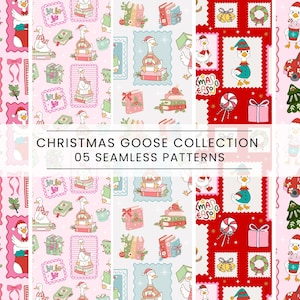 Puede incluir: Colección de cinco patrones navideños sin costuras con un ganso con gorro de Papá Noel. Los patrones incluyen imágenes de regalos, libros, bastones de caramelo y árboles de Navidad en esquemas de color rosa, rojo y azul. Se muestra el texto "Christmas Goose Collection" y "05 Seamless Patterns".
