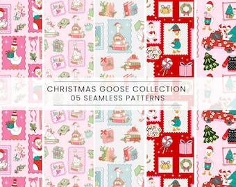 Silly Christmas Goose Seamless Pattern Bundle, Christmas frames, Stamp christmas, Nursery Christmas, Digital Patterns, Holiday Animal Images