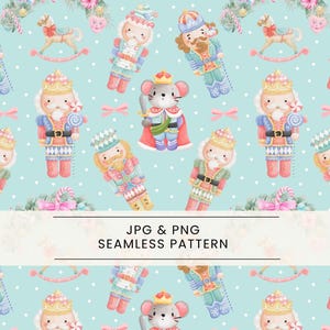 Puede incluir: Un patrón sin costuras con ilustraciones de acuarela de cascanueces, ratones, caballos mecedores y lazos sobre un fondo azul claro. El texto "JPG & PNG SEAMLESS PATTERN" se muestra en la parte inferior. El diseño es adecuado para proyectos temáticos de vacaciones.