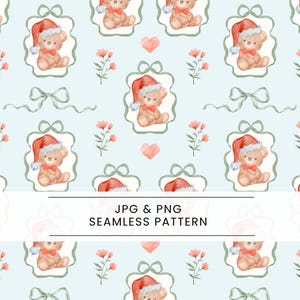 Puede incluir: Patrón sin costuras con osos de peluche con gorros de Papá Noel, enmarcados en bordes decorativos, con lazos, flores y corazones sobre un fondo azul claro. También está presente el texto "JPG & PNG SEAMLESS PATTERN".
