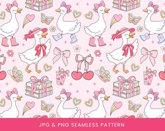 Silly Goose Seamless Pattern, Cute Goose Seamless, Nursery fabric pattern, Kawaii Books, Coquette Bows, Scrapbooking, Repeat digital pattern