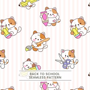Back to School Seamless Pattern, Cute School Cat Digital Paper, Kawaii Classroom Design, Teacher digital paper, Kids school digital paper
