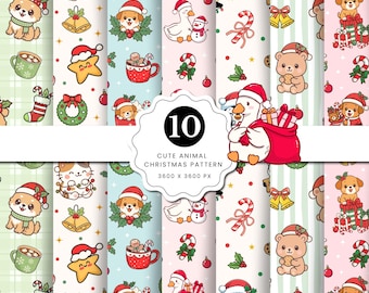Christmas Seamless Pattern Bundle, Animals christmas, Kawaii Cute Animal Digital Paper, Kids seamless, Cute backgrounds, Holiday backgrounds
