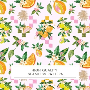 Puede incluir: Un patrón sin costuras con ilustraciones de acuarela de limones, naranjas y elementos florales. El diseño incluye acentos rosas, amarillos y verdes, con un motivo repetido de cítricos, flores y palmeras. Se muestra el texto "HIGH QUALITY SEAMLESS PATTERN".