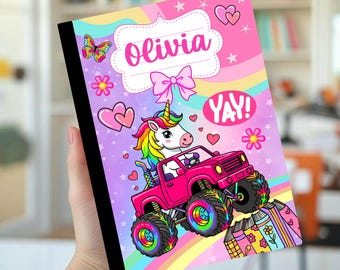 Personalisierter Notizbuchumschlag, Schulanfang, Individuelle Schulsachen, Einhorn, Kawaii-Tiere, Monster-Truck-Mädchen, Verspieltes Mädchen