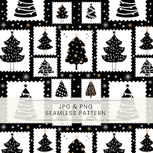 Puede incluir: Patrón de árboles de Navidad en blanco y negro. El diseño presenta varios árboles de Navidad estilizados en marcos blancos con forma de sello postal sobre un fondo negro. Estrellas doradas y copos de nieve añaden detalles festivos. También incluye el texto "JPG & PNG SEAMLESS PATTERN".