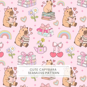 Capybara seamless paterrn,  Kawaii animals, Capybara lover, Bookish girly, Book lover, Literary Girl, Animal reading, Reader club, Coquette