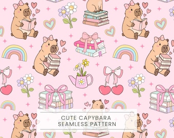 Nahtloses Capybara-Muster, Kawaii-Tiere, Capybara-Liebhaberin, Bücherwurm, Bücherliebhaberin, Literarisches Mädchen, Tiere beim Lesen, Leserclub, Kokette