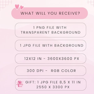 May include: Pink graphic with the text "WHAT WILL YOU RECEIVE?" and details about the digital files: 1 PNG file, 1 JPG file, 12x12 in size, 300 DPI, and a gift JPG file 8.5 x 11 in.