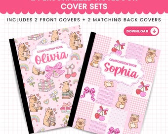 Notizbuchumschlag mit Capybara-Motiv, personalisierte Notizbücher, Schulanfang, individuelle Schulartikel, Kawaii-Tier, verspielt-mädchenhaft, bedruckbare Umschläge