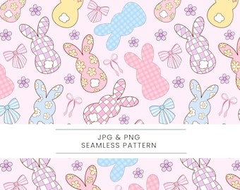 Easter Bunny Seamless Pattern Pastel, Soft color Digital Paper, Bow bunny pattern, Preppy Designs, Easter nursery, Coquette Spring bunny