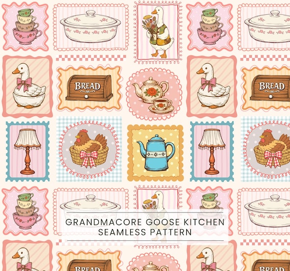 Grandmacore Goose Seamless Pattern, Vintage Farmhouse Kitchen Digital Paper, Thrifted Grandma Aesthetic, Cottagecore Fabric, Cozy kitchen