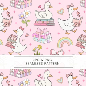 Puede incluir: Patrón sin costuras con gansos de dibujos animados con lazos rosas, leyendo libros y llevando pilas de libros. El diseño incluye corazones, arcoíris, flores y lazos sobre un fondo rosa. También está presente el texto "JPG & PNG SEAMLESS PATTERN".