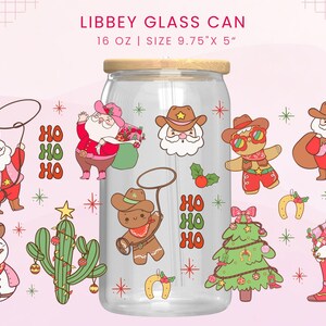 May include: Clear glass can with a wooden lid, decorated with cowboy-themed Christmas illustrations. The can is 9.75" x 5" and holds 16 oz. Designs include Santa Claus, gingerbread men, and a Christmas tree, all wearing cowboy hats. Text on the can reads "LIBBEY GLASS CAN".
