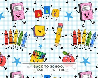 Nahtloses Muster für den Schulanfang, niedliche Schulsachen, Kawaii-Figuren, Grundschulkinder, Kindergarten-Design, digitales Papier für Lehrer