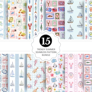 Summer Seamless Pattern Bundle, Coastal preppy pattern set, Mediterranean tropical summer, Fish seamless, Lobster crab, Hand Drawn Nautical