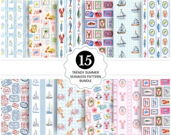 Summer Seamless Pattern Bundle, Coastal preppy pattern set, Mediterranean tropical summer, Fish seamless, Lobster crab, Hand Drawn Nautical