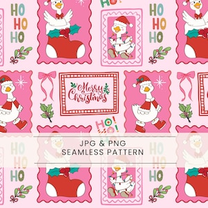 Puede incluir: Patrón repetitivo sobre fondo rosa, con un ganso de dibujos animados con gorro y botas de Papá Noel. El diseño incluye calcetines navideños, lazos y el texto "Merry Christmas". Ideal para proyectos navideños.