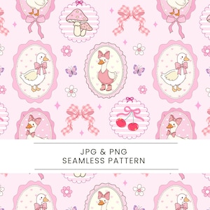 Puede incluir: Un patrón sin costuras con un diseño repetitivo de patos, setas, lazos, cerezas y mariposas en rosa y blanco. Los patos llevan lazos y trajes. El texto "JPG & PNG SEAMLESS PATTERN" está en la parte inferior.
