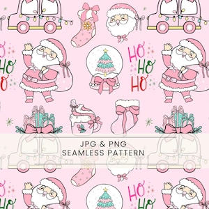 Puede incluir: Un patrón sin costuras rosa con ilustraciones navideñas. Incluye a Papá Noel, bolas de nieve, cajas de regalo, calcetines y coches. También está presente el texto "HO HO HO". El patrón es un patrón sin costuras JPG y PNG.