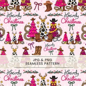 Puede incluir: Patrón sin costuras con árboles de Navidad, botas de vaquero y lazos sobre fondo rosa. El texto "Howdy Christmas" se repite. El patrón incluye elementos rosas, marrones, negros y blancos, para un ambiente festivo.
