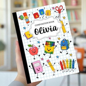 パーソナライズされたノートカバー、学用品グラフィック、カスタムノート、新学期、かわいいキャラクター、子供向けカバー、男の子と女の子