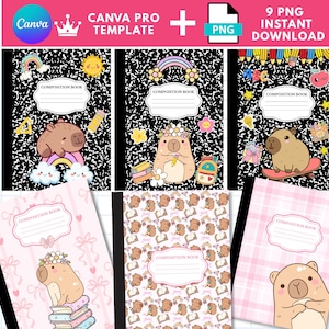 Może przedstawiać: Kolekcja zeszytów z uroczymi ilustracjami kapibar i napisem "COMPOSITION BOOK". Zeszyty mają różne wzory, w tym tęcze, kwiaty i deskorolkę. Obraz zawiera również tekst "CANVA PRO TEMPLATE + PNG 9 PNG INSTANT DOWNLOAD".