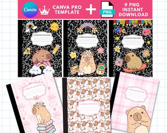 Personalized Composition Notebook Cover, School Capybara, Canva Templates, Capybara Print, Composition Book Cover, Bundle back to school
